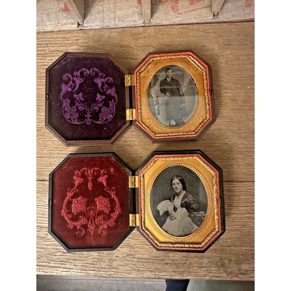 Pair 1850s 1/6 Plate Ambrotypes Matching Octagonal Double Sided Union Cases